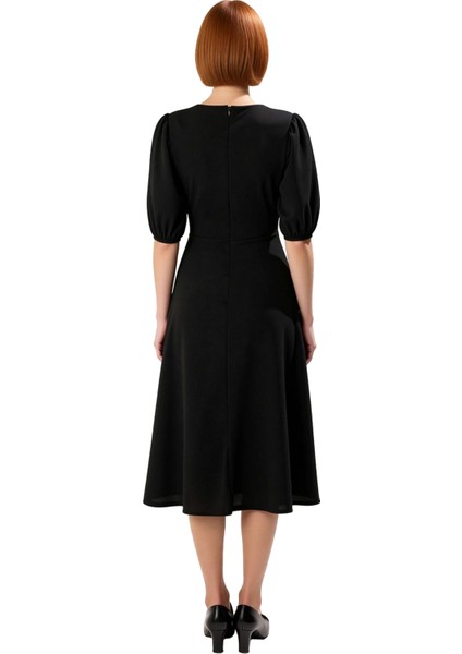 Kadın Skater Midi Bisiklet Yaka Balon Kol Fiyonklu Eteği Belden Açılan Şık Gece Kokteyl Elbisesi fırsatları