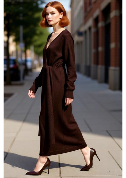 Kadın Kruvaze Yaka Triko Midi Elbise Düz Desenli Düşük Uzun Kollu Kuşak Detaylı Kışlık Şıklık