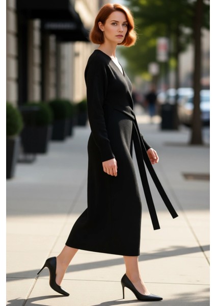 Kadın Kruvaze Yaka Triko Midi Elbise Düz Desenli Düşük Uzun Kollu Kuşak Detaylı Kışlık Şıklık