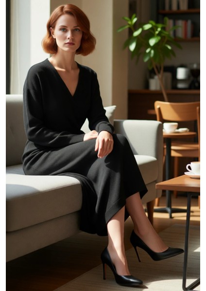 Kadın Kruvaze Yaka Triko Midi Elbise Düz Desenli Düşük Uzun Kollu Kuşak Detaylı Kışlık Şıklık fiyatları