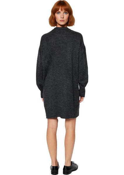 Kadın Gri Shift Kalıp Bisiklet Yaka Düşük Uzun Kollu Mini Triko Elbise Kış Aylarının Rahat Seçimi fırsatları