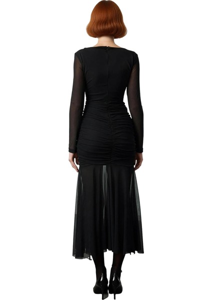 Kadın Balık Kalıp Tül Örme Abiye Maxi Elbise Kayık Yaka Uzun Kollu Şık Gece Kokteyl Kaliteli fırsatları