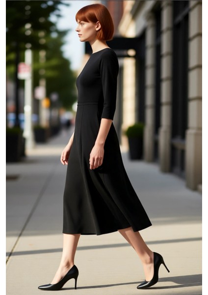 Kadın Skater Kalıp Kayık Yaka Midi Elbise Şık ve Rahat Tarzıyla Günlük Özel Anlar Için Ideal