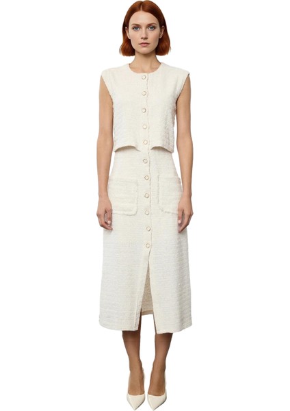 Kadın Kolsuz %100 Pamuk Tüvit Dokuma Düğmeli Bisiklet Yaka Astarlı Midi Ceket Elbise Ilkbahar modelleri