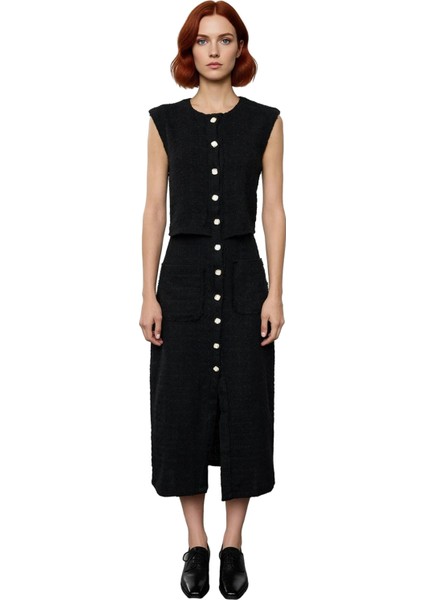 Kadın Kolsuz %100 Pamuk Tüvit Dokuma Düğmeli Bisiklet Yaka Astarlı Midi Ceket Elbise Ilkbahar modelleri