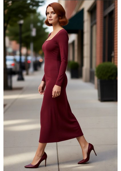 Kadın Bordo Maxi Boy Kare Yaka Bodycon Uzun Kollu Düz Örme Elbise Şık ve Konforlu Tasarım Kaliteli
