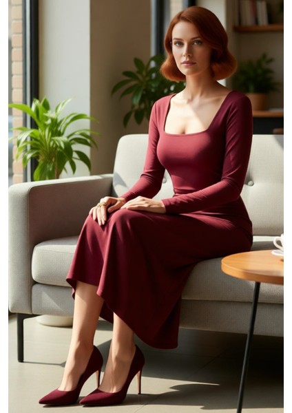 Kadın Bordo Maxi Boy Kare Yaka Bodycon Uzun Kollu Düz Örme Elbise Şık ve Konforlu Tasarım Kaliteli fiyatları