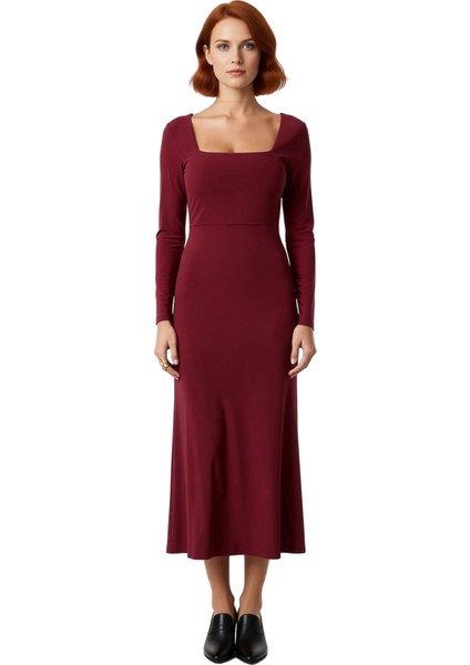 Kadın Bordo Maxi Boy Kare Yaka Bodycon Uzun Kollu Düz Örme Elbise Şık ve Konforlu Tasarım Kaliteli modelleri
