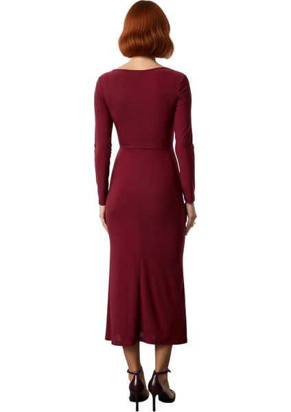 Kadın Bordo Maxi Boy Kare Yaka Bodycon Uzun Kollu Düz Örme Elbise Şık ve Konforlu Tasarım Kaliteli fırsatları