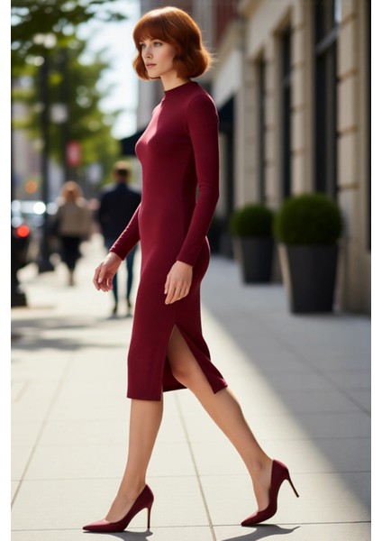 Kadın Bodycon Kesim Dik Yaka Uzun Kollu Midi Yırtmaçlı Rejenere Kaşkorse Elbise Şık Görünüm Sunar