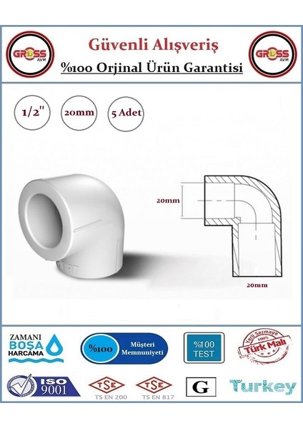 PPRC 90 Derece Dirsek - 20mm - 5 Adet