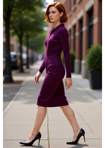 Kadın Triko Bodycon Midi Uzun Kol Polo Yaka Düz Elbise Şık ve Konforlu Kışlık Günlük Giyim