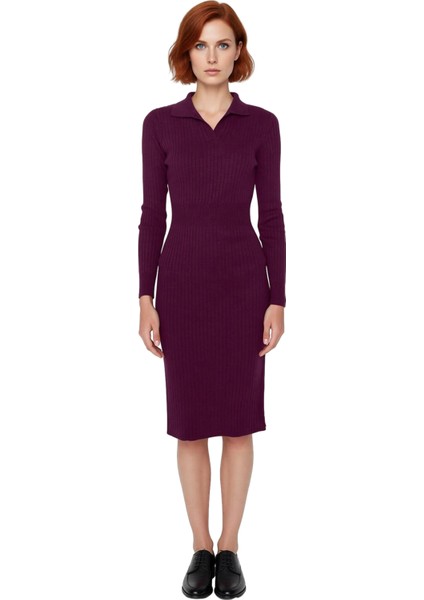 Kadın Triko Bodycon Midi Uzun Kol Polo Yaka Düz Elbise Şık ve Konforlu Kışlık Günlük Giyim modelleri