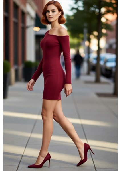 Kadın Bodycon Asimetrik Yaka Uzun Kollu Fitilli Örme Mini Elbise Gündüz Gece Davet Stili Kaliteli