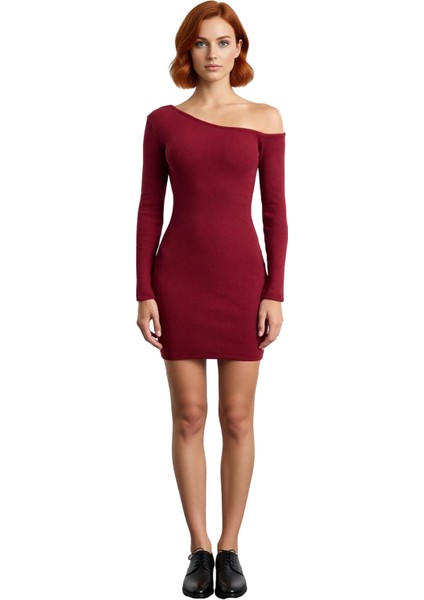 Kadın Bodycon Asimetrik Yaka Uzun Kollu Fitilli Örme Mini Elbise Gündüz Gece Davet Stili Kaliteli modelleri