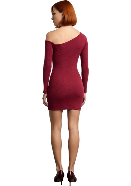 Kadın Bodycon Asimetrik Yaka Uzun Kollu Fitilli Örme Mini Elbise Gündüz Gece Davet Stili Kaliteli fırsatları