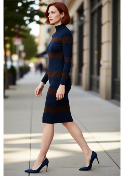 Kadın Triko Çizgili Bodycon Midi Elbise Dik Yaka Uzun Standart Kol Akrilik Rahat Şık Tasarım