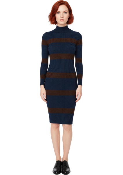 Kadın Triko Çizgili Bodycon Midi Elbise Dik Yaka Uzun Standart Kol Akrilik Rahat Şık Tasarım modelleri