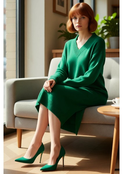 Kadın Shift Kalıp V Yaka Düşük Kollu Yırtmaç Detaylı Midi Boy Triko Elbise Günlük Şıklık Için Ideal fiyatları