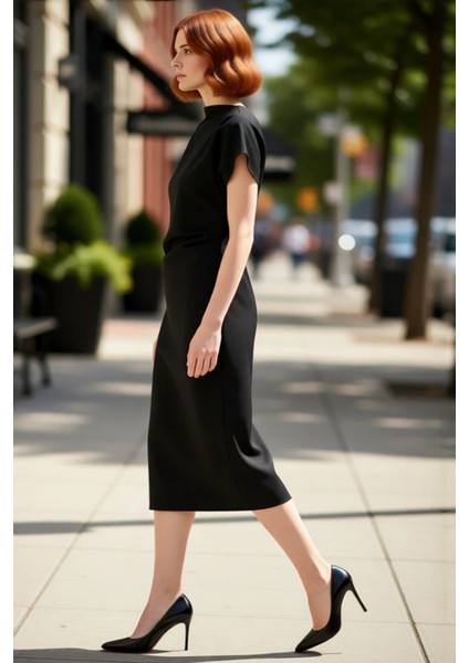 Kadın A Kesim Düşük Kısa Kol Midi Boy Düz Desen Degaje Yaka Büzgülü Dokuma Elbise Modern Şıklık