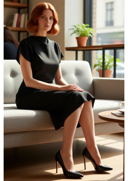 Kadın A Kesim Düşük Kısa Kol Midi Boy Düz Desen Degaje Yaka Büzgülü Dokuma Elbise Modern Şıklık fiyatları