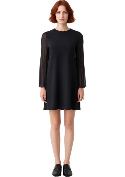Kadın Siyah Shift Kalıp Dokuma Detaylı Bisiklet Yaka Scuba Krep Mini Örme Elbise Kışa Uygun modelleri