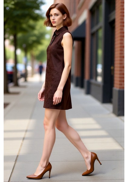 Kadın Kahverengi A Line Kolsuz Düz Mini Elbise Gömlek Yaka Kış Sezonu Için Mükemmel Bir Seçim fırsatları