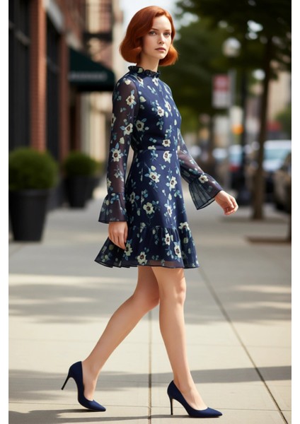 Kadınlar Için Dik Yaka Fırfır Detaylı Çiçek Desenli Şifon A Line Uzun Kollu Mini Elbise Kaliteli