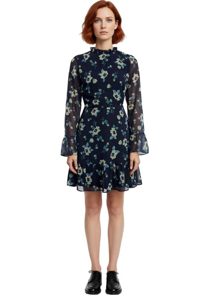 Kadınlar Için Dik Yaka Fırfır Detaylı Çiçek Desenli Şifon A Line Uzun Kollu Mini Elbise Kaliteli modelleri