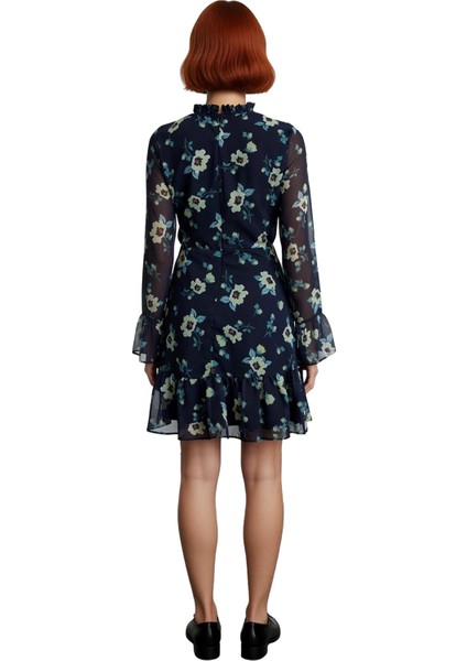 Kadınlar Için Dik Yaka Fırfır Detaylı Çiçek Desenli Şifon A Line Uzun Kollu Mini Elbise Kaliteli fırsatları