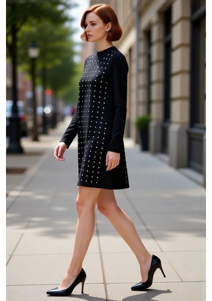 Kadın Shift Kalıp Uzun Kollu Taş Detaylı Bisiklet Yaka Örme Mini Elbise Şık Kışlık Kombinler Için