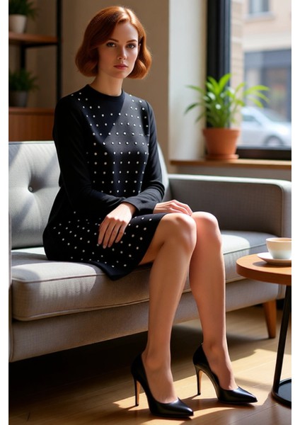 Kadın Shift Kalıp Uzun Kollu Taş Detaylı Bisiklet Yaka Örme Mini Elbise Şık Kışlık Kombinler Için fiyatları