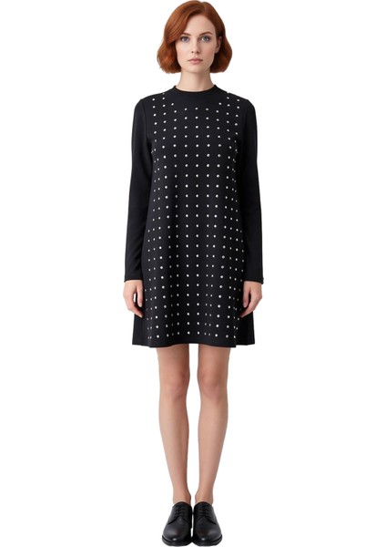 Kadın Shift Kalıp Uzun Kollu Taş Detaylı Bisiklet Yaka Örme Mini Elbise Şık Kışlık Kombinler Için modelleri