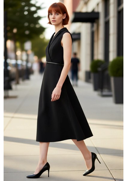 Kadın Siyah Midi Skater Elbise Kemerli Ceket Yaka Tasarımıyla Iş Ortamına Uygun Şık ve Modern Bir