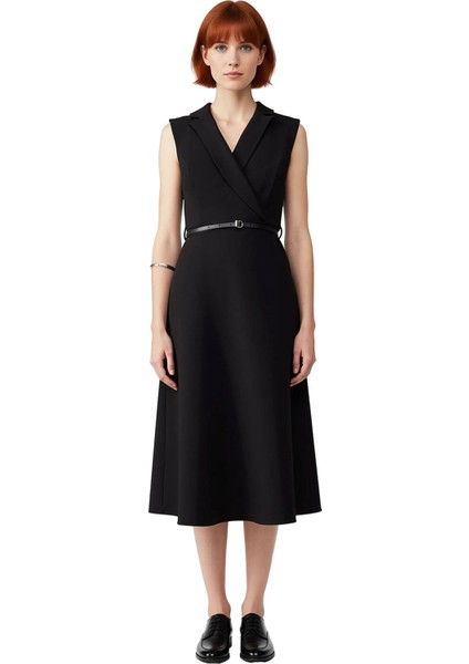 Kadın Siyah Midi Skater Elbise Kemerli Ceket Yaka Tasarımıyla Iş Ortamına Uygun Şık ve Modern Bir modelleri