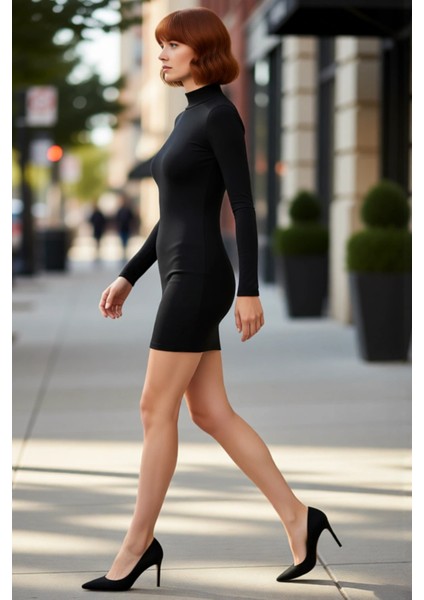 Kadın Bodycon Fitilli Dik Yaka Uzun Kol Düğme Detaylı Mini Örme Elbise Şık ve Konforlu Kaliteli