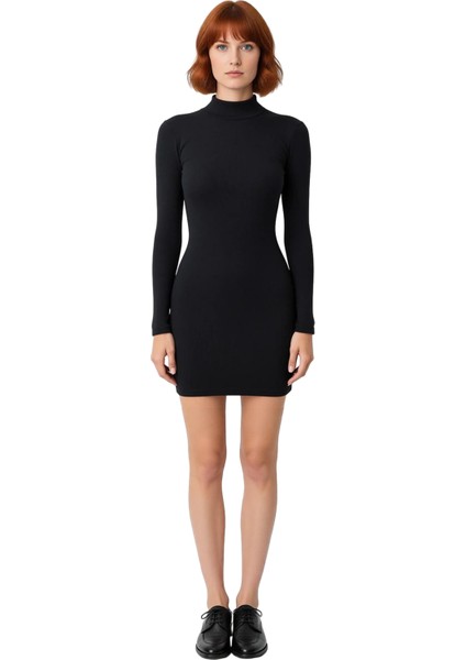 Kadın Bodycon Fitilli Dik Yaka Uzun Kol Düğme Detaylı Mini Örme Elbise Şık ve Konforlu Kaliteli modelleri