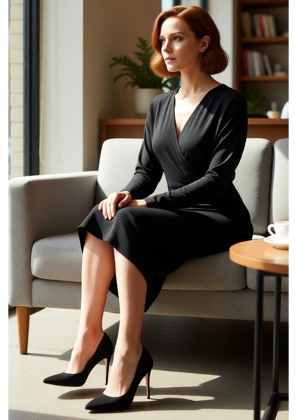 Kadın Bodycon V Yaka Kruvaze Midi Elbise Şık Düz Desenli Uzun Düşük Kol Detaylı Örme Kışlık Smart fiyatları