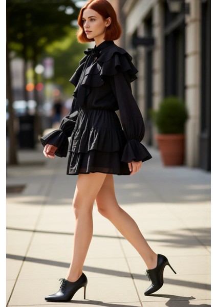 Kadın Skater Fular Yaka Balon Kol Uzun Kollu Dokuma Astarlı Mini Elbise ile Stil Sahibi Olun