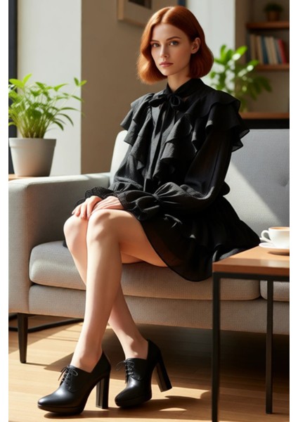 Kadın Skater Fular Yaka Balon Kol Uzun Kollu Dokuma Astarlı Mini Elbise ile Stil Sahibi Olun fiyatları