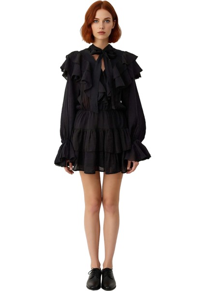 Kadın Skater Fular Yaka Balon Kol Uzun Kollu Dokuma Astarlı Mini Elbise ile Stil Sahibi Olun modelleri