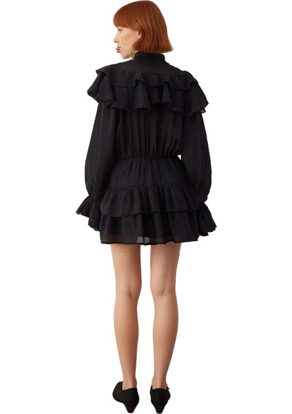 Kadın Skater Fular Yaka Balon Kol Uzun Kollu Dokuma Astarlı Mini Elbise ile Stil Sahibi Olun fırsatları