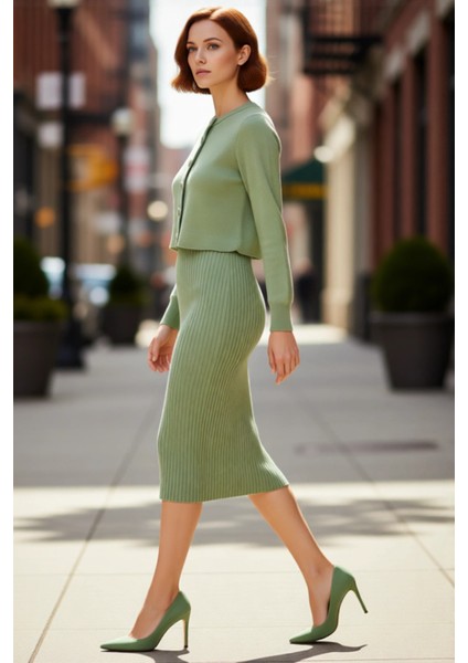 Kadın Gri Midi Bodycon Triko Elbise ve Kısa Hırka Ikili Takım Sonbahar Kış Stili Kaliteli Şık