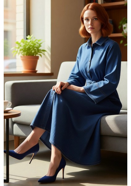 Kadın Kuşaklı Maxi Boy %100 Pamuk Denim Gömlek Elbise Uzun Melek Kol Yaka Casual Stil fiyatları