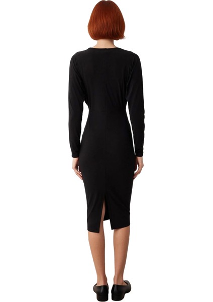 Kadın Bodycon V Yaka Kruvaze Midi Elbise Şık Düz Desenli Uzun Düşük Kol Detaylı Örme Kışlık Smart fırsatları