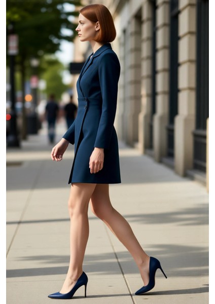 Kadın Kruvaze Ceket Yaka Mini Elbise Dokuma Kumaşıyla Smart Iş Görünümü Sunar Kaliteli