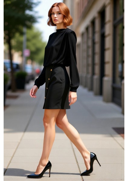 Kadın Bodycon Vatkalı Dik Yaka Uzun Balon Kollu Düğme Detaylı Dokuma Mini Elbise Şık Kışlık