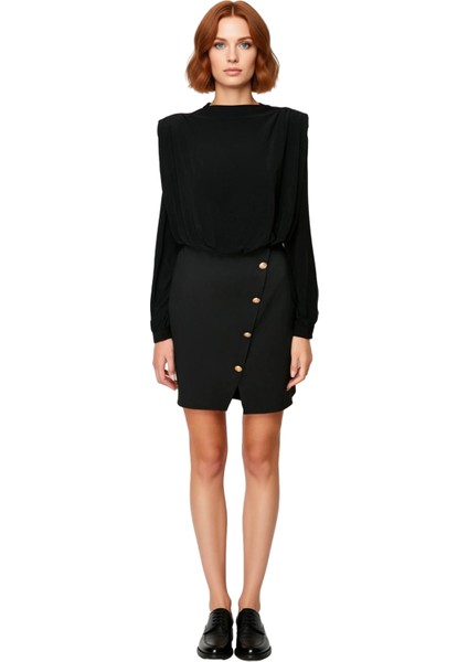 Kadın Bodycon Vatkalı Dik Yaka Uzun Balon Kollu Düğme Detaylı Dokuma Mini Elbise Şık Kışlık modelleri