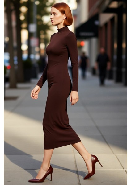 Kadın Dik Yaka Bodycon Kesim Maxi Elbise Polyester Karışımlı Örme Uzun Kollu Kışlık Zarif Tasarım