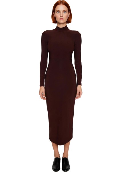 Kadın Dik Yaka Bodycon Kesim Maxi Elbise Polyester Karışımlı Örme Uzun Kollu Kışlık Zarif Tasarım fiyatları